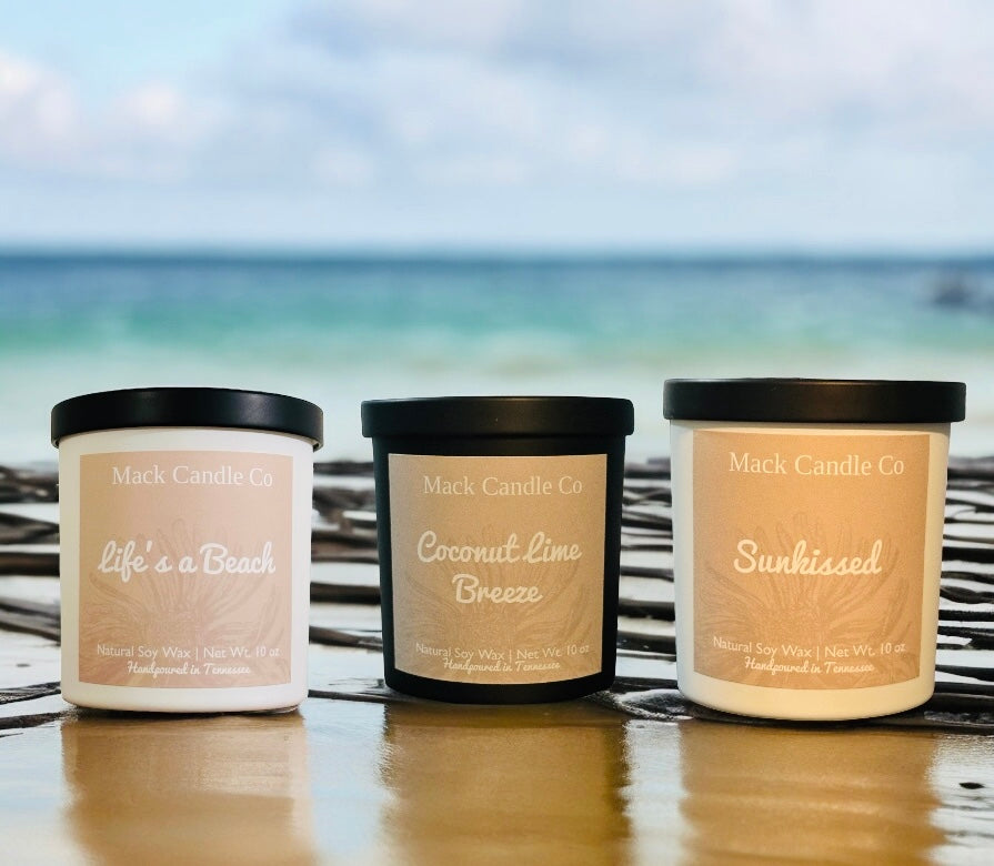 Summer Candle Bundle set containing 3 medium soy candles. Non toxic and clean burn with refreshing scents that smell like paradise