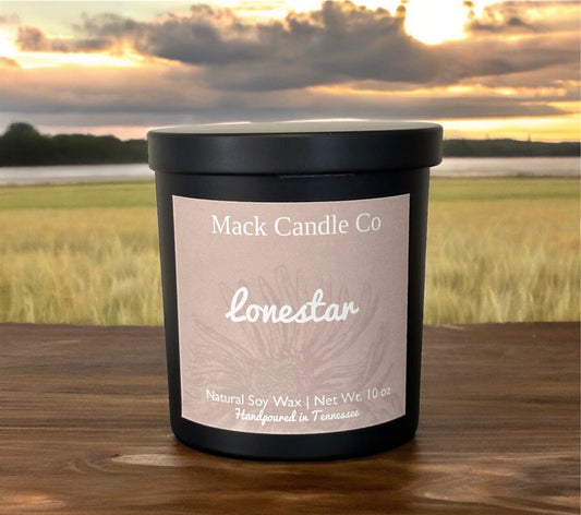 Black Lonestar Medium Soy Candle. Clean burning non toxic handpoured in small batches. 