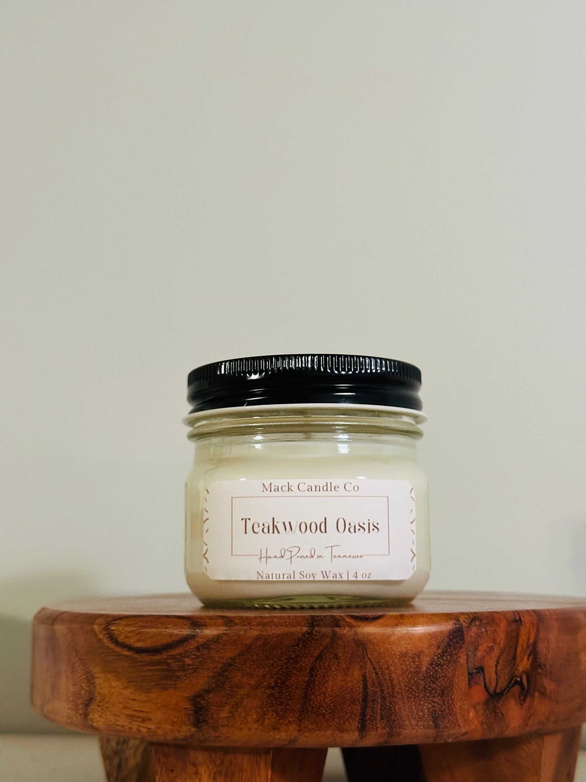 Teakwood oasis candle in our small Mason jar is perfect for a small room or kitchen. Made non toxic in small batches. This is a scent both men and women can’t get enough of!