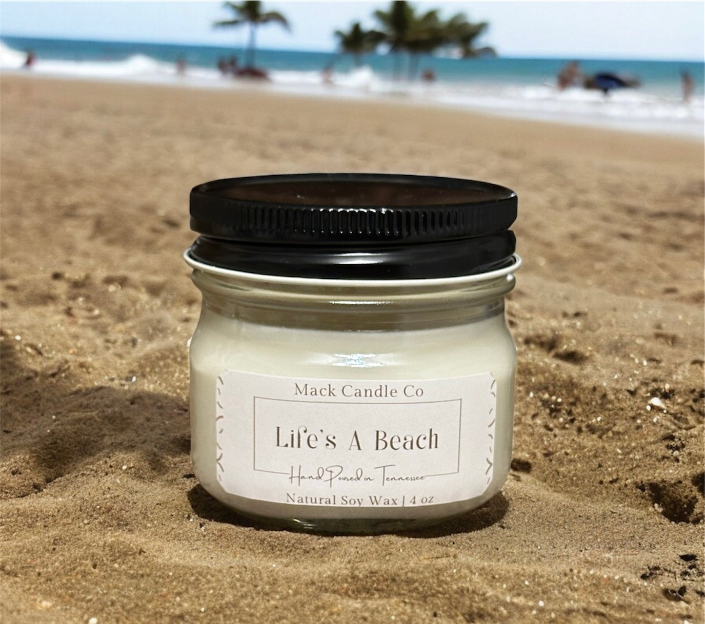 Luxury Life’s a beach Soy Candle, comes in a small mason jar filling the space of a small room or kitchen. Non toxic clean burning handpoured in small batches in Nashville Tennessee. Smells like Paradise!